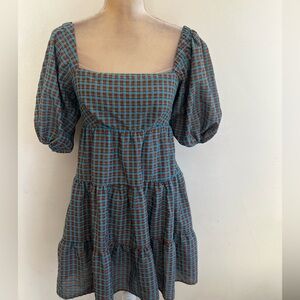 Wayf plaid blue brown mini dress puff sleeves smock size Xs